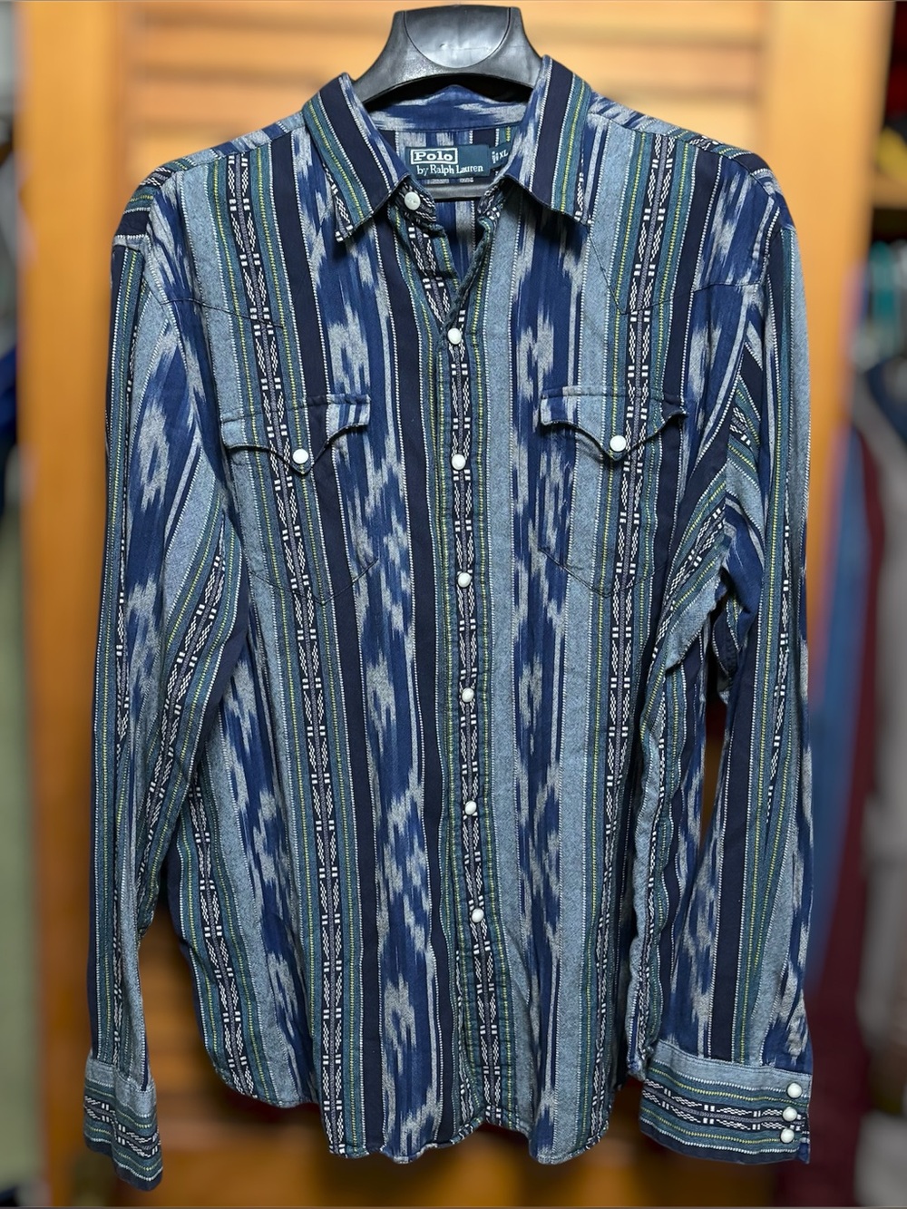 Vintage Polo Ralph Lauren Aztec Navajo Western Pearl Snap Shirt Blue Mens XL
